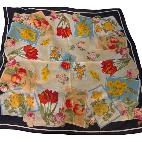 Vintage scarf, small square with the florals and fruit of summer.  Semi sheer - Picture 3 of 5